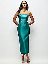Rear View Thumbnail - Jade Strapless Cuff Satin Midi Dress with Column Skirt & Back Bow 
