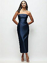 Rear View Thumbnail - Midnight Navy Strapless Cuff Satin Midi Dress with Column Skirt & Back Bow 