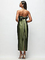 Side View Thumbnail - Olive Green Strapless Cuff Satin Midi Dress with Column Skirt & Back Bow 