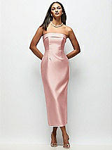 Rear View Thumbnail - Rose Strapless Cuff Satin Midi Dress with Column Skirt & Back Bow 