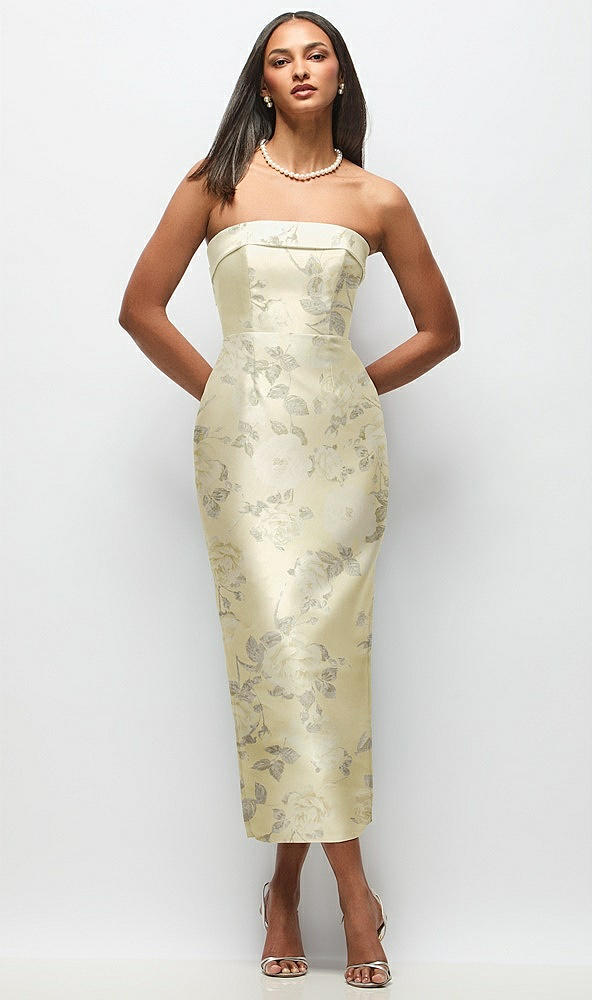 Front View - Butter Yellow Floral Strapless Cuff Floral Satin Midi Dress with Column Skirt & Back Bow 