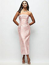 Front View Thumbnail - Bow And Blossom Print Strapless Cuff Floral Satin Midi Dress with Column Skirt & Back Bow 