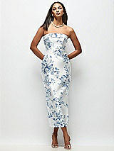 Front View Thumbnail - Cottage Rose Larkspur Strapless Cuff Floral Satin Midi Dress with Column Skirt & Back Bow 