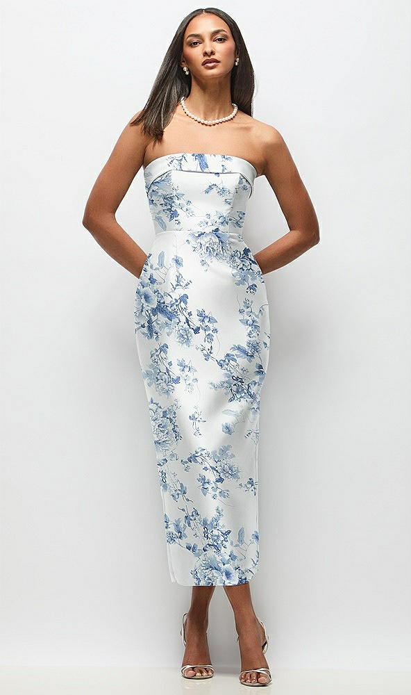 Front View - Cottage Rose Larkspur Strapless Cuff Floral Satin Midi Dress with Column Skirt & Back Bow 
