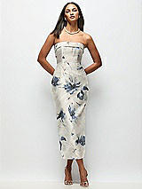 Front View Thumbnail - Inkwash Blue Floral Strapless Cuff Floral Satin Midi Dress with Column Skirt & Back Bow 