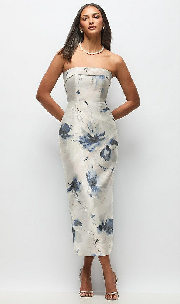 Front View - Inkwash Blue Floral Strapless Cuff Floral Satin Midi Dress with Column Skirt & Back Bow 