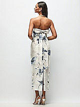 Rear View Thumbnail - Inkwash Blue Floral Strapless Cuff Floral Satin Midi Dress with Column Skirt & Back Bow 