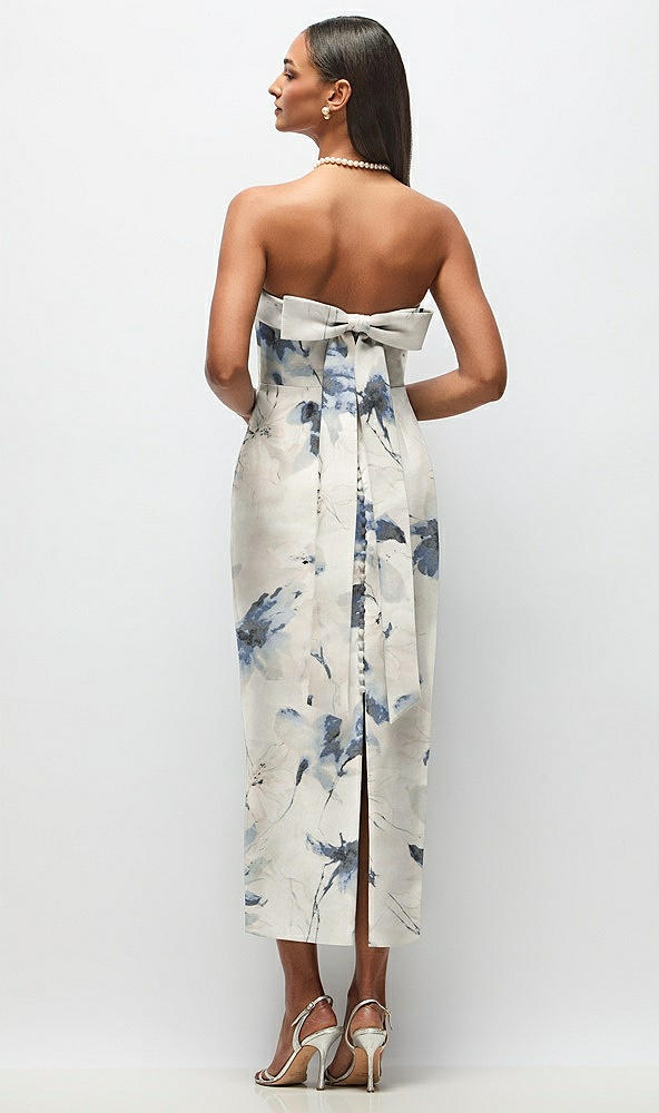 Back View - Inkwash Blue Floral Strapless Cuff Floral Satin Midi Dress with Column Skirt & Back Bow 