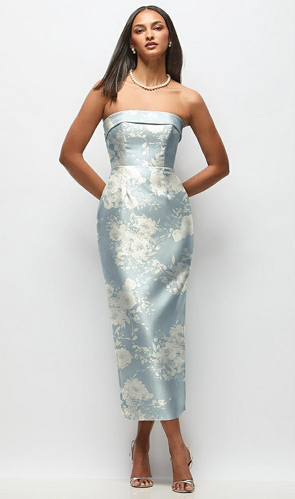 Front View - Porcelain Blue Seraphina Floral Strapless Cuff Floral Satin Midi Dress with Column Skirt & Back Bow 