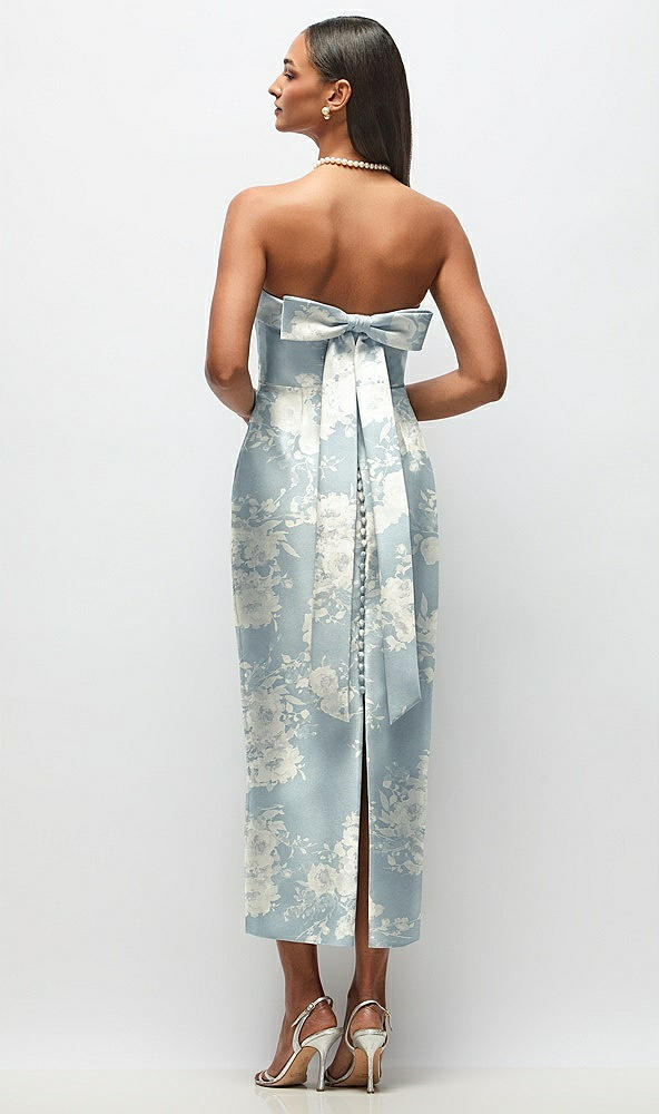Back View - Porcelain Blue Seraphina Floral Strapless Cuff Floral Satin Midi Dress with Column Skirt & Back Bow 