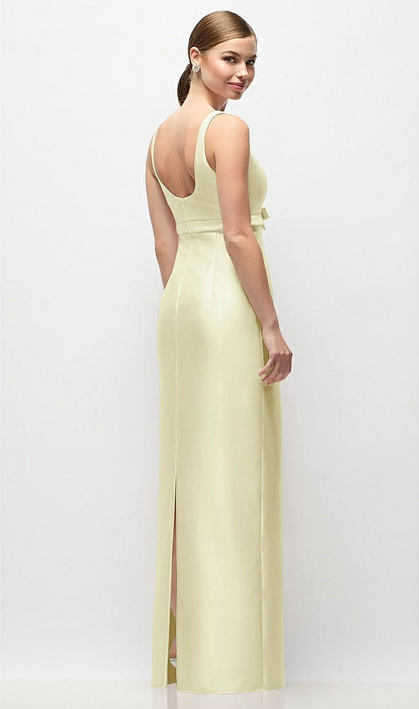 Back View - Butter Yellow Scoop Neck Satin Column Maxi Dress with Bow at Empire Waist