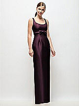 Front View Thumbnail - Deep Plum Scoop Neck Satin Column Maxi Dress with Bow at Empire Waist