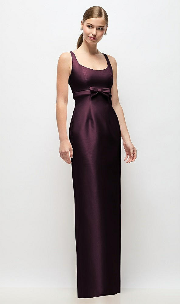 Front View - Deep Plum Scoop Neck Satin Column Maxi Dress with Bow at Empire Waist