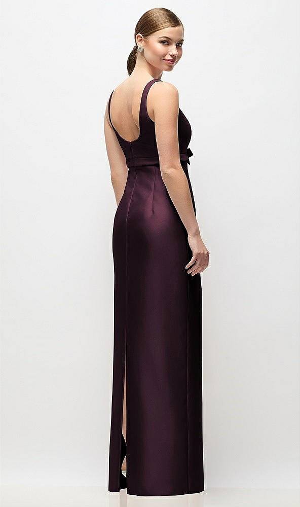 Back View - Deep Plum Scoop Neck Satin Column Maxi Dress with Bow at Empire Waist