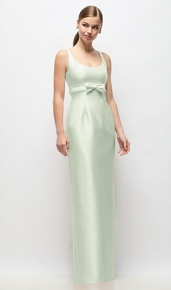 Front View - Mint Green Scoop Neck Satin Column Maxi Dress with Bow at Empire Waist