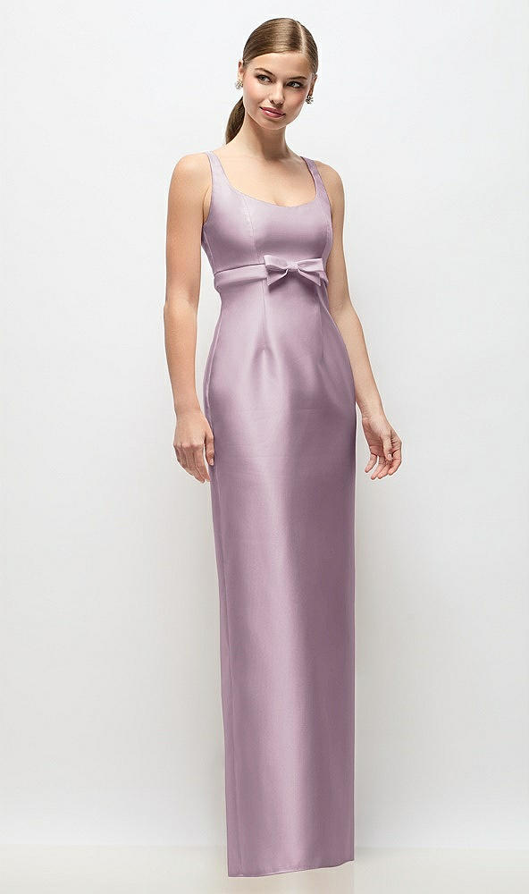 Front View - Suede Rose Scoop Neck Satin Column Maxi Dress with Bow at Empire Waist