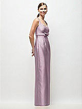 Side View Thumbnail - Suede Rose Scoop Neck Satin Column Maxi Dress with Bow at Empire Waist