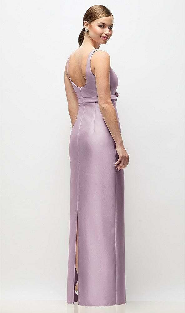 Back View - Suede Rose Scoop Neck Satin Column Maxi Dress with Bow at Empire Waist