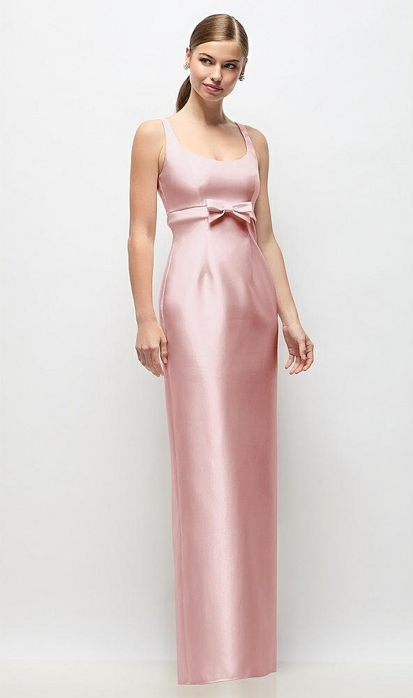 Front View - Ballet Pink Scoop Neck Satin Column Maxi Dress with Bow at Empire Waist