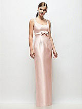 Front View Thumbnail - Blush Scoop Neck Satin Column Maxi Dress with Bow at Empire Waist