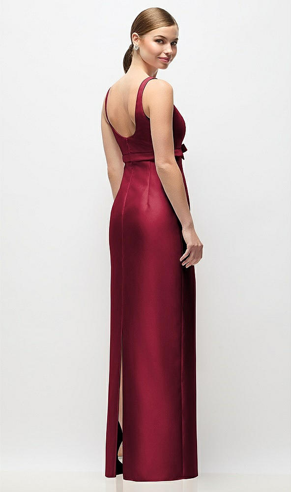 Back View - Burgundy Scoop Neck Satin Column Maxi Dress with Bow at Empire Waist