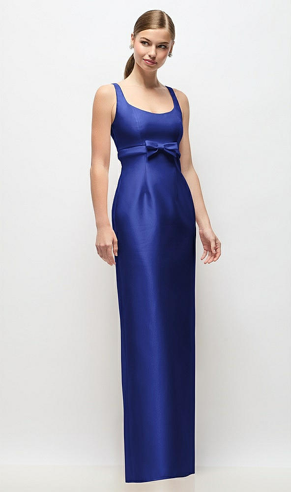 Front View - Cobalt Blue Scoop Neck Satin Column Maxi Dress with Bow at Empire Waist