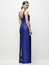 Rear View Thumbnail - Cobalt Blue Scoop Neck Satin Column Maxi Dress with Bow at Empire Waist
