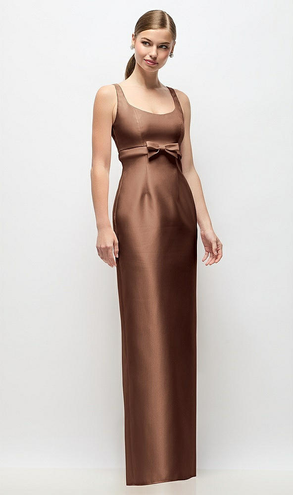 Front View - Cognac Scoop Neck Satin Column Maxi Dress with Bow at Empire Waist