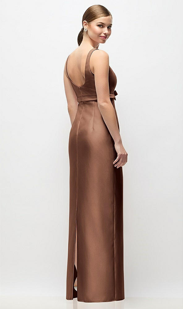 Back View - Cognac Scoop Neck Satin Column Maxi Dress with Bow at Empire Waist