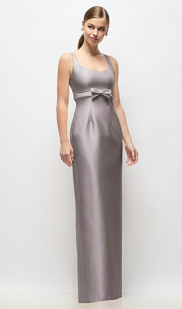 Front View - Cashmere Gray Scoop Neck Satin Column Maxi Dress with Bow at Empire Waist