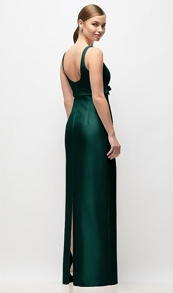 Back View - Evergreen Scoop Neck Satin Column Maxi Dress with Bow at Empire Waist