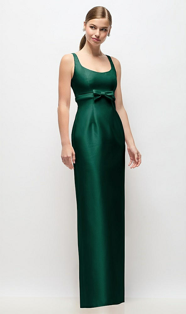 Front View - Hunter Green Scoop Neck Satin Column Maxi Dress with Bow at Empire Waist