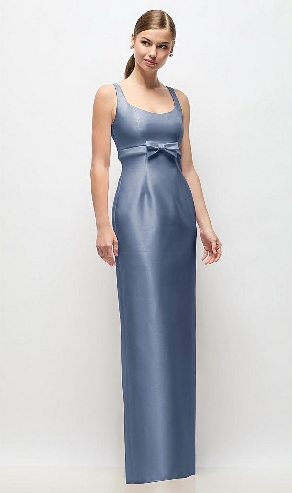 Front View - Larkspur Blue Scoop Neck Satin Column Maxi Dress with Bow at Empire Waist