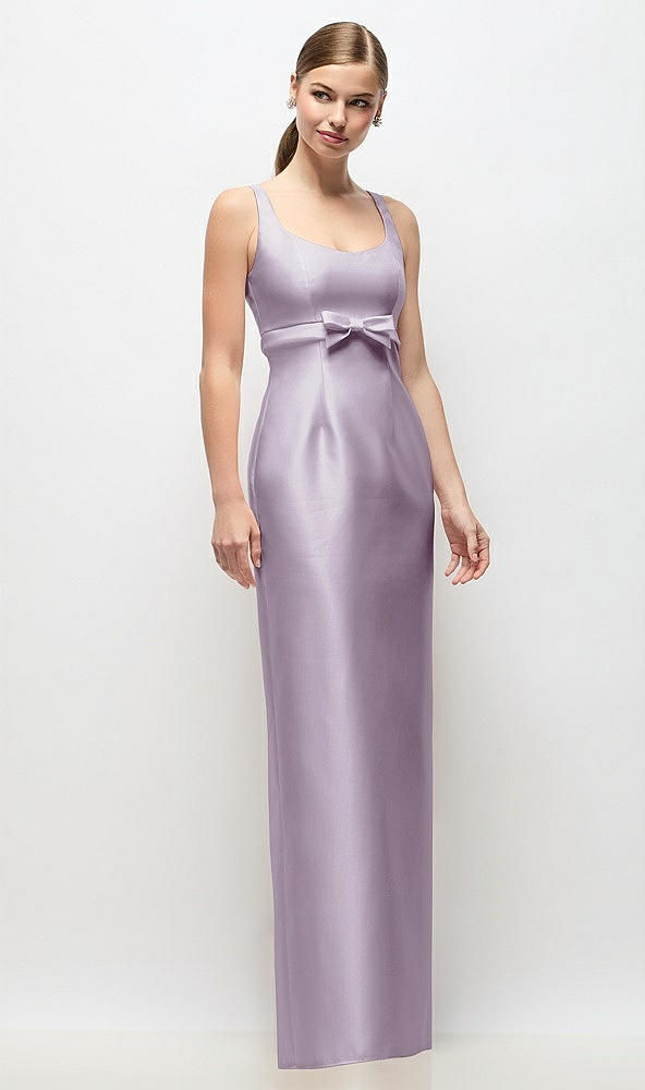 Front View - Lilac Haze Scoop Neck Satin Column Maxi Dress with Bow at Empire Waist