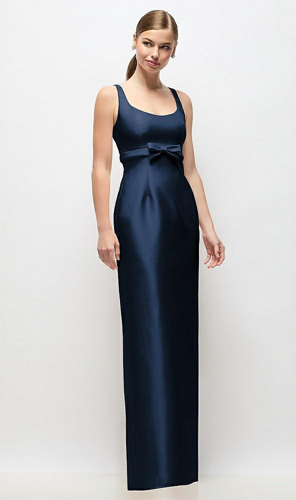 Front View - Midnight Navy Scoop Neck Satin Column Maxi Dress with Bow at Empire Waist