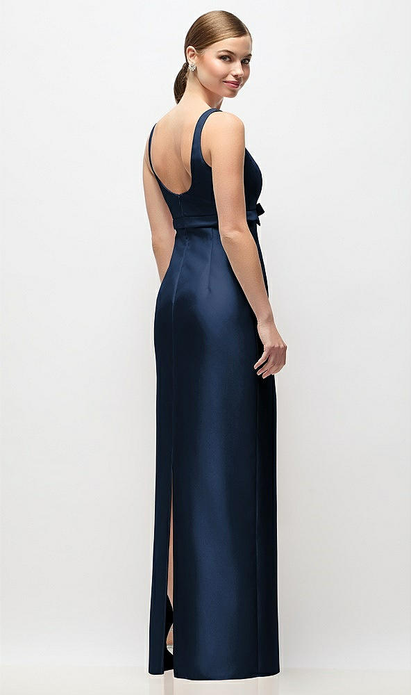 Back View - Midnight Navy Scoop Neck Satin Column Maxi Dress with Bow at Empire Waist