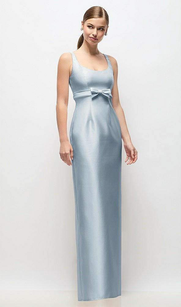 Front View - Mist Scoop Neck Satin Column Maxi Dress with Bow at Empire Waist