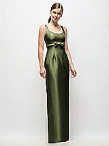 Front View Thumbnail - Olive Green Scoop Neck Satin Column Maxi Dress with Bow at Empire Waist