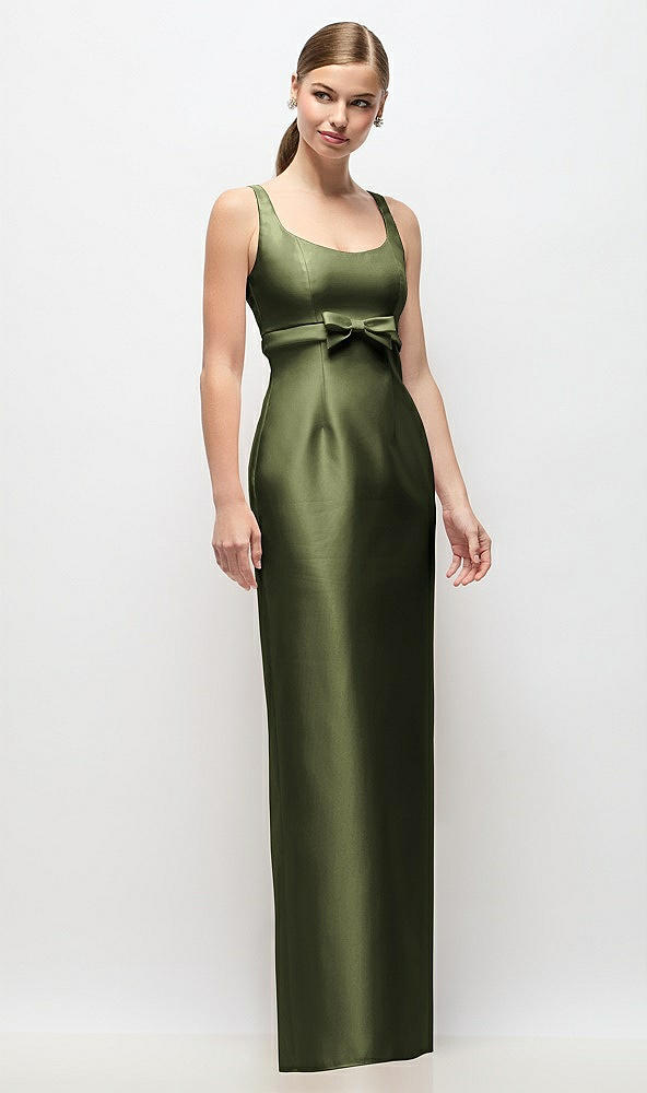 Front View - Olive Green Scoop Neck Satin Column Maxi Dress with Bow at Empire Waist