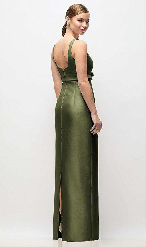 Back View - Olive Green Scoop Neck Satin Column Maxi Dress with Bow at Empire Waist
