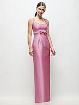 Front View Thumbnail - Powder Pink Scoop Neck Satin Column Maxi Dress with Bow at Empire Waist