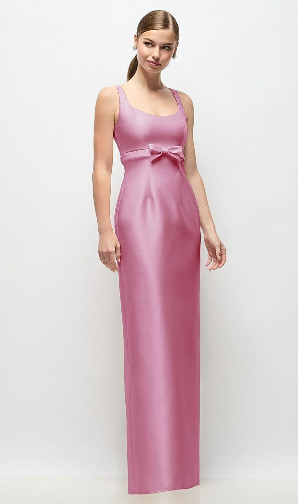 Front View - Powder Pink Scoop Neck Satin Column Maxi Dress with Bow at Empire Waist