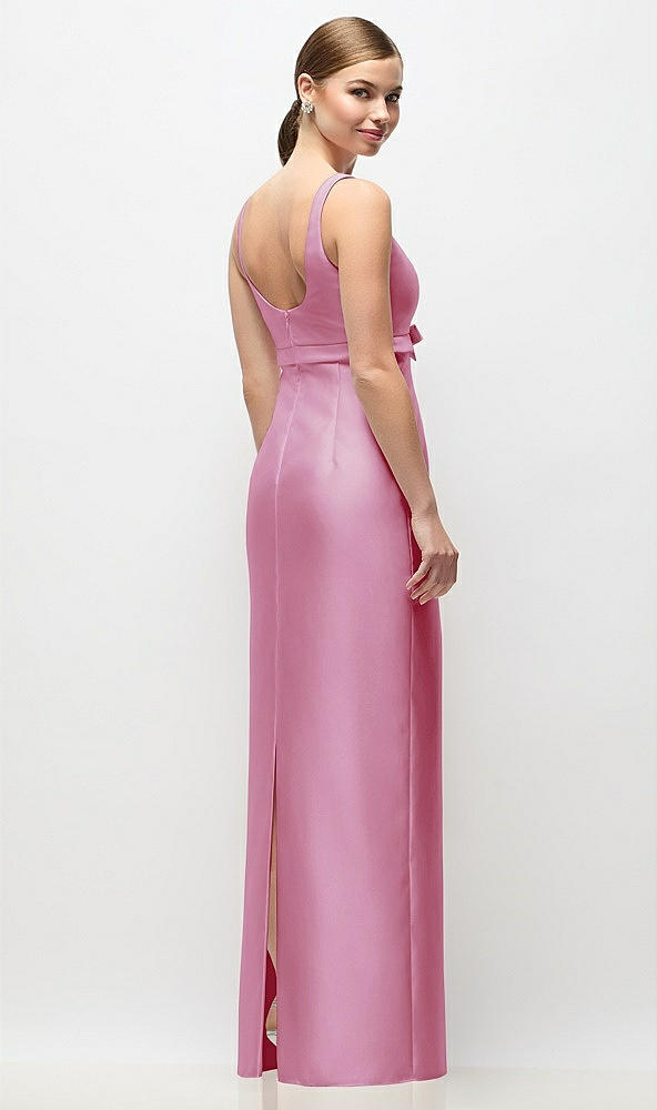 Back View - Powder Pink Scoop Neck Satin Column Maxi Dress with Bow at Empire Waist