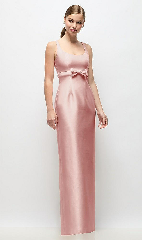 Front View - Rose Scoop Neck Satin Column Maxi Dress with Bow at Empire Waist