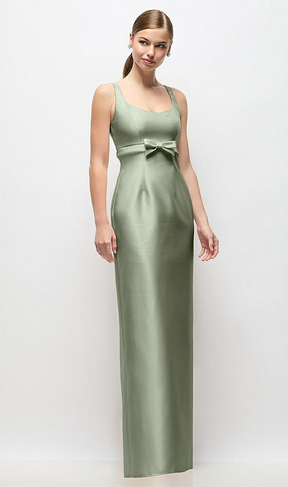 Front View - Sage Scoop Neck Satin Column Maxi Dress with Bow at Empire Waist