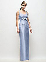 Front View Thumbnail - Sky Blue Scoop Neck Satin Column Maxi Dress with Bow at Empire Waist