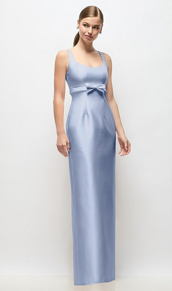 Front View - Sky Blue Scoop Neck Satin Column Maxi Dress with Bow at Empire Waist