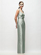 Side View Thumbnail - Willow Green Scoop Neck Satin Column Maxi Dress with Bow at Empire Waist