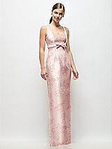Front View Thumbnail - Bow And Blossom Print Scoop Neck Floral Satin Column Maxi Dress with Bow at Empire Waist