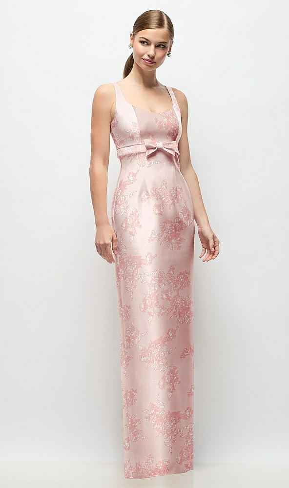 Front View - Bow And Blossom Print Scoop Neck Floral Satin Column Maxi Dress with Bow at Empire Waist